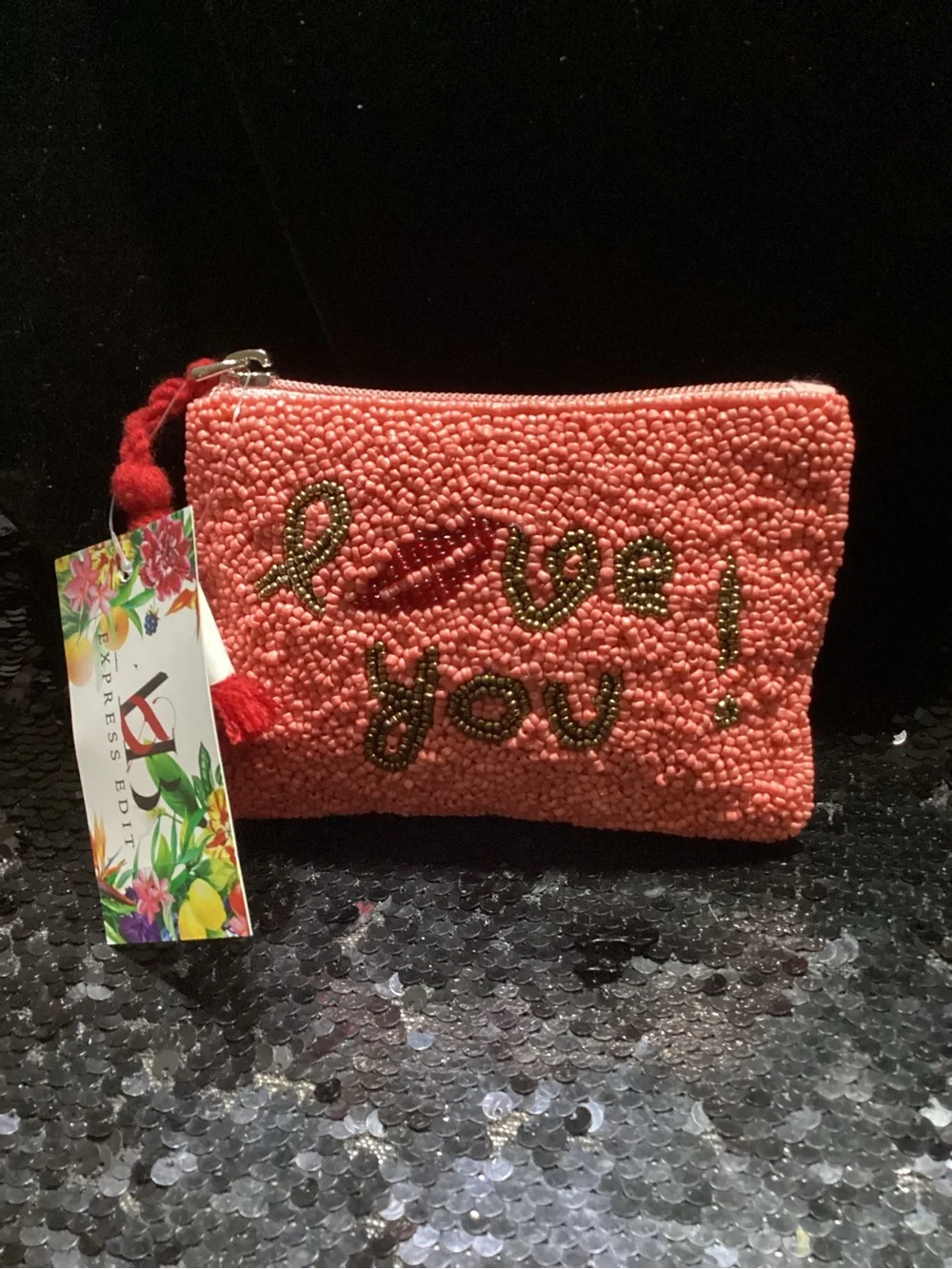 America & Beyond Coral Beaded 'Love You' Zip Pouch. NWT